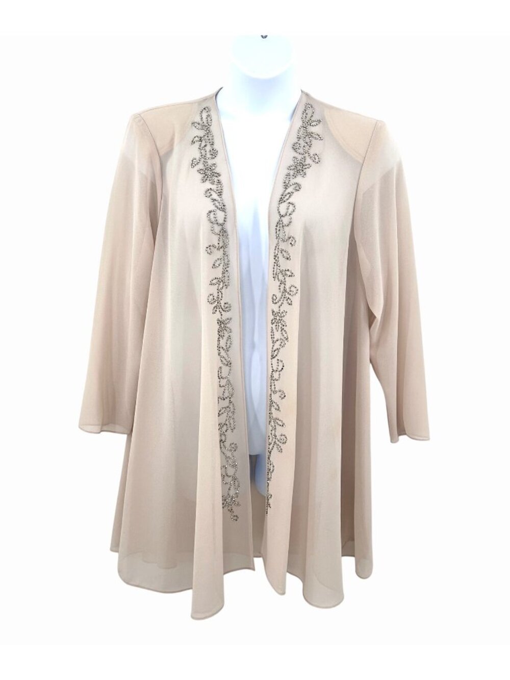 R&M RICHARDS BEIGE LONG SHEER OPEN FRONT CARDIGAN W/ BEAD EMBELLISHMENTS - 16W
